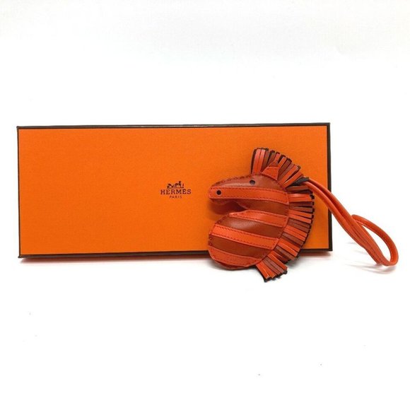 HERMES zebra Gee Gee Savannah strap Bag Charm Lambskin Leather Orange - Picture 6 of 16